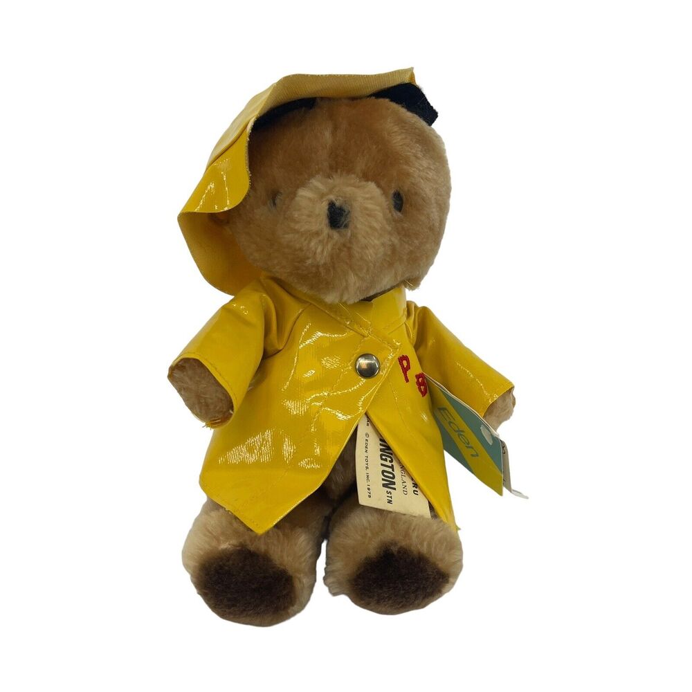 Vtg 80s Paddington Bear by Eden 9" Plush Stuffed Animal Yellow Raincoat Hat